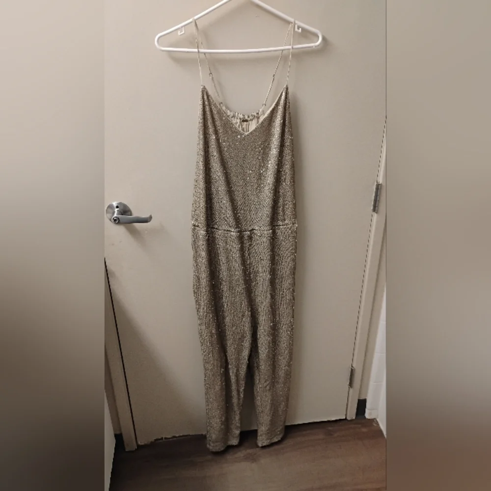 Free People Womens Sequin Pantsuit Jumpsuit Adjustable Waist Sz L